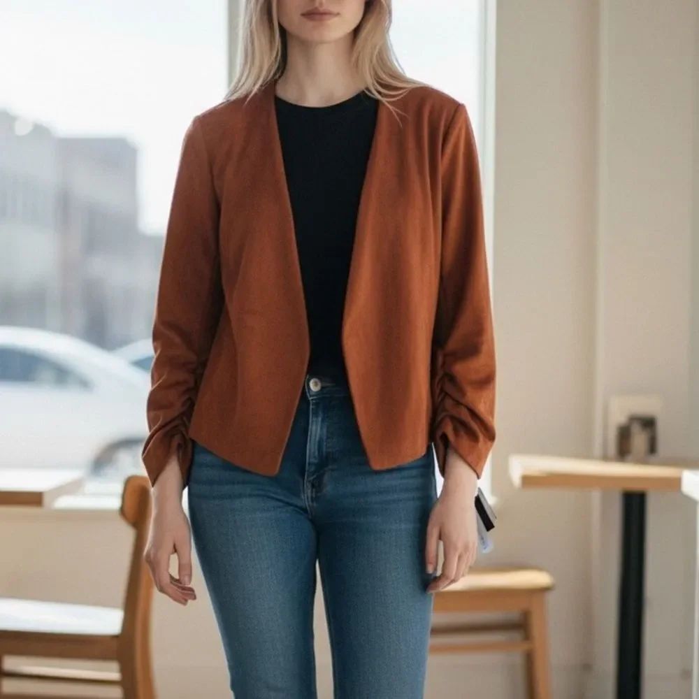 Bar III Faux Suede Open Front Jacket in Dark Clay – Size S (BNWT)